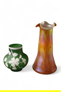 2 PIECES OF ART GLASS: UNSIGNED LOETZ ART GLASS VASE & UNSIGNED WEBB ART GLASS VASE. 5 1/2" H & 10 1/2" H