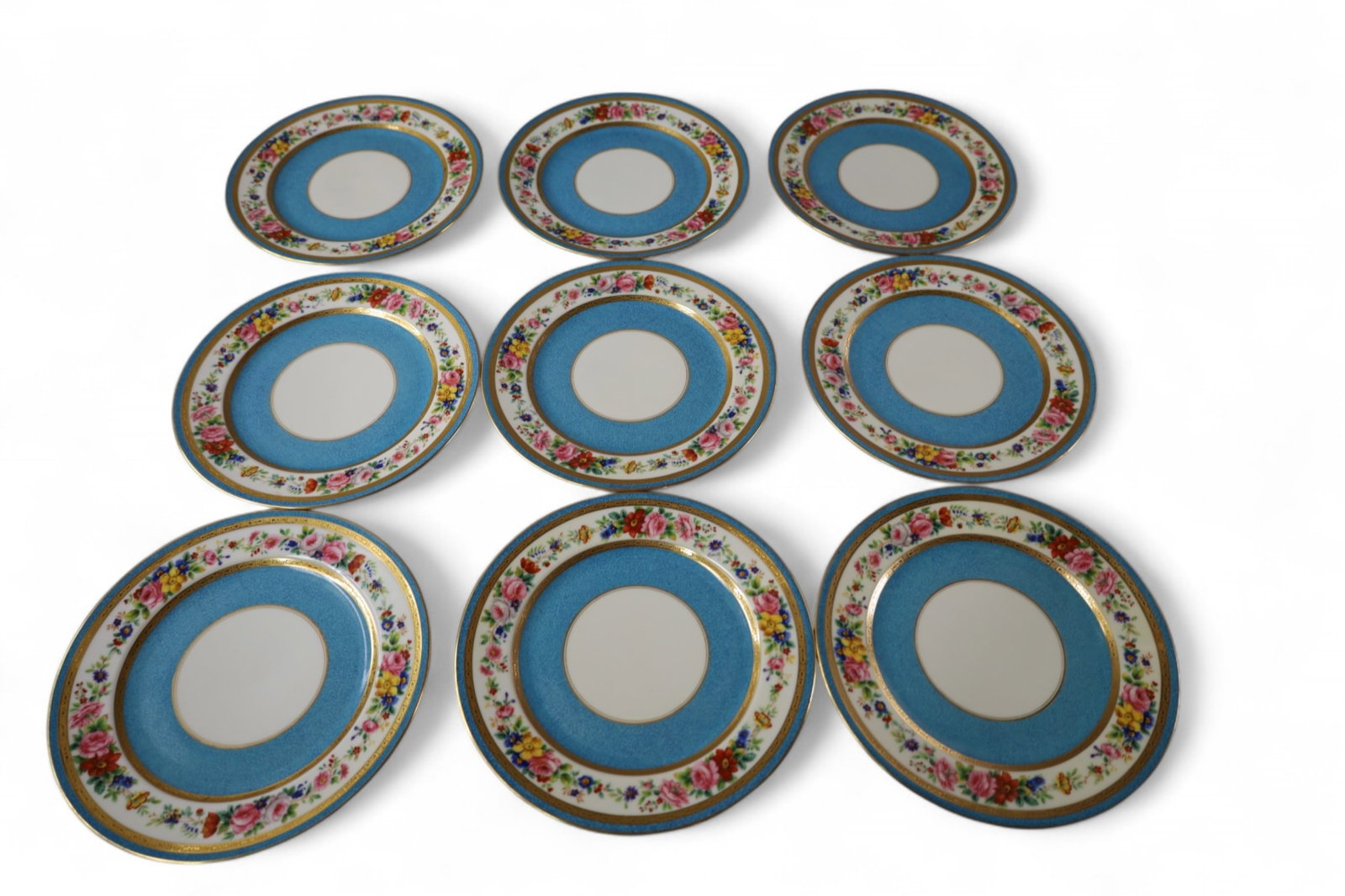 SET OF 9 LIMOGES SALAD PLATES: SET OF9 PORCELAIN LIMOGES SALAD PLATES, 8 3/4" DIAM.