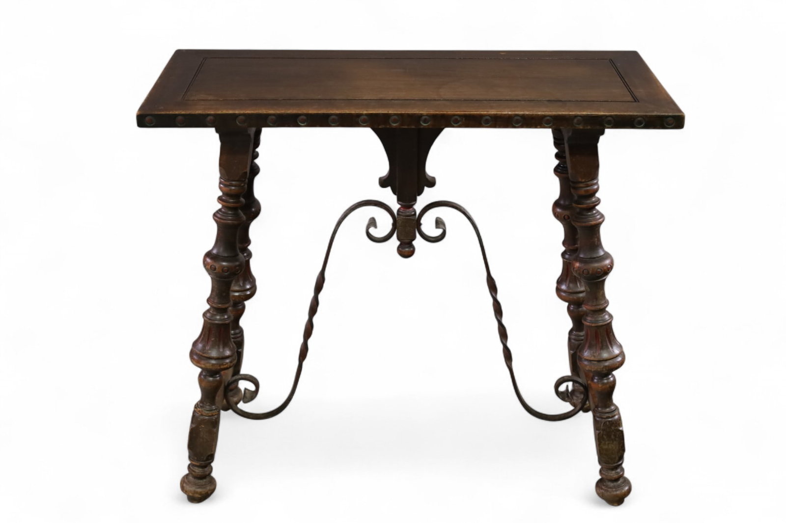 1920'S IRON TRESTLE HALL TABLE: SPANISH STYLE IRON TRESTLE BASE HALL TABLE, WEAR TO FINISH, 36" L x 16" D x 32" H. THIS ITEM EXCEEDS SIZE LIMITATIONS FOR IN HOUSE SHIPPING, MUST BE PICKED UP IN HOUSE OR SHIPPED VIA 3rd PARTY GROUND