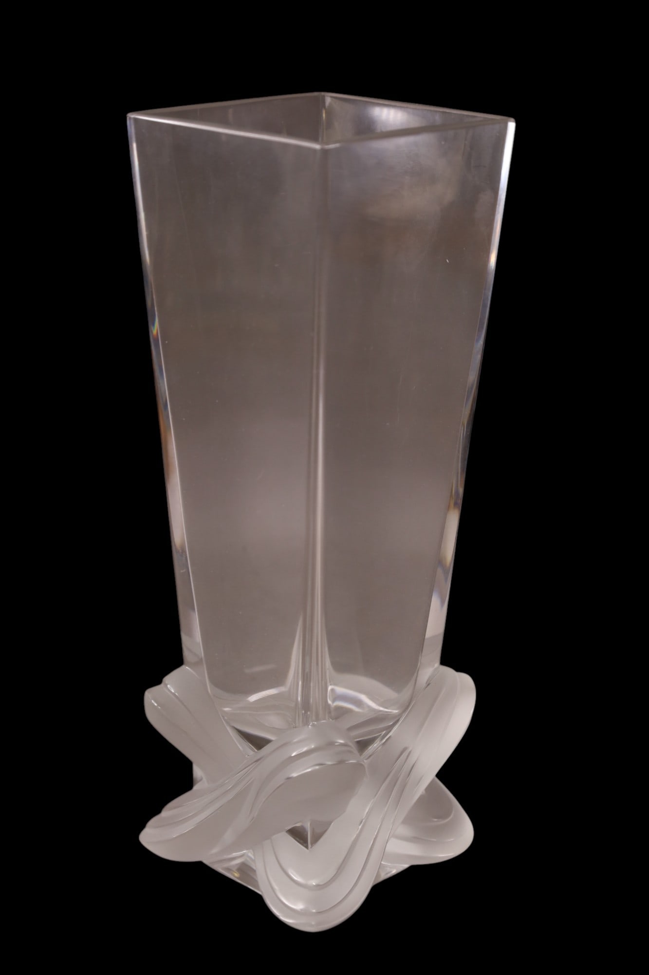 LALIQUE VASE: FROSTED BASE LALIQUE FRANCE CRYSTAL VASE, 11" H.