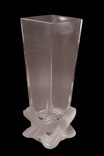 LALIQUE VASE: FROSTED BASE LALIQUE FRANCE CRYSTAL VASE, 11" H.