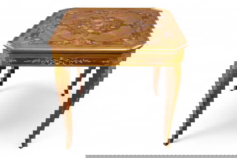ITALIAN GAME TABLE: INLAID ITALIAN GAME TABLE, WITH MULTIPLE GAME BOARDS, ROULETTE WHEEL, & PIECES. 31" x 31" x 30" H. THIS ITEM EXCEEDS SIZE LIMITATIONS FOR IN HOUSE SHIPPING, MUST BE PICKED UP IN HOUSE OR SHIPPED VIA 3