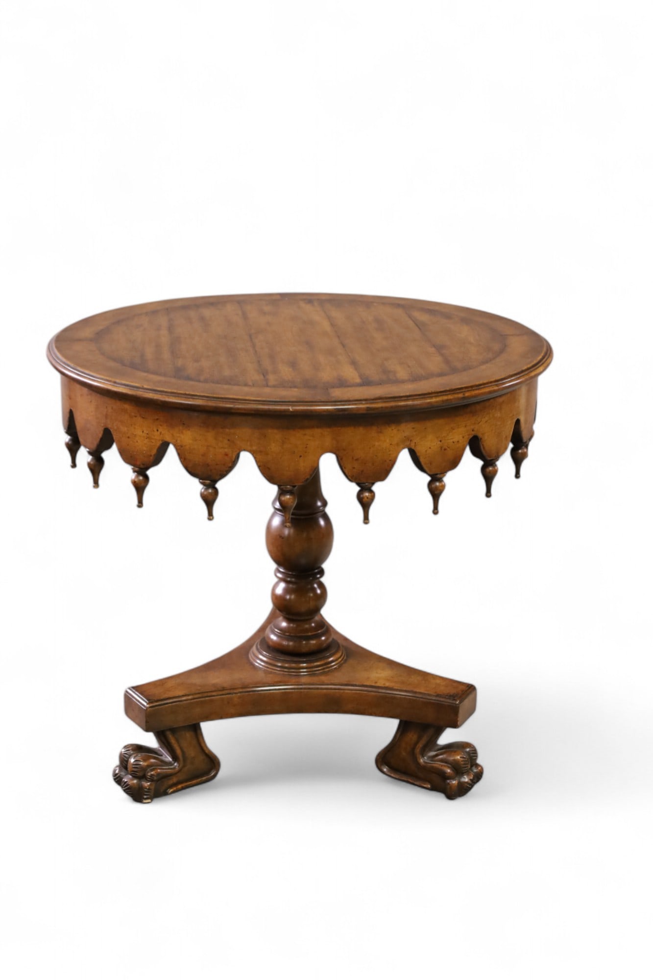 CONTEMPORARY CENTER TABLE: CLAW FOOT MODERN CENTER TABLE, REPAIR TO SKIRT. 30" DIAM x 27" H. THIS ITEM EXCEEDS SIZE LIMITATIONS FOR IN HOUSE SHIPPING, MUST BE PICKED UP IN HOUSE OR SHIPPED VIA 3rd PARTY GROUND SHIPPER.