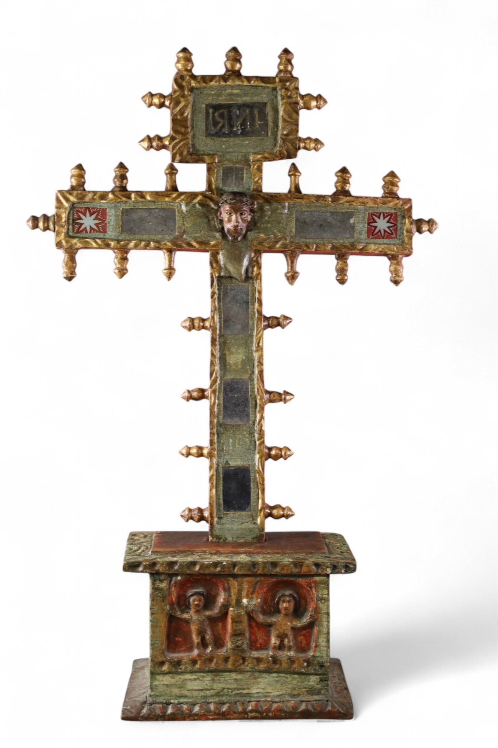 18TH CENTURY RELIGIOUS CROSS: SPANISH COLONIAL POLYCHROME PAINTED PROCESSIONAL CROSS, WITH MIRROR INSET DECORATION, JESUS FIGURE IN CENTER, ON PLATFORM BASE, 38 1/2" H. x 24" W. THIS ITEM EXCEEDS SIZE LIMITATIONS FOR IN HOUSE SHIP