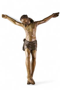 LARGE 19TH CENTURY JESUS STATUE: LARGE CARVED WOODEN JESUS FIGURE, RETAINS ORIGINAL PAINT. SOME DAMAGE TO HANDS. 36" H x 32" W. THIS ITEM EXCEEDS SIZE LIMITATIONS FOR IN HOUSE SHIPPING, MUST BE PICKED UP IN HOUSE OR SHIPPED VIA 3rd P