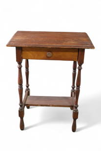 PINE SIDE TABLE: PRIMITIVE PINE SINGLE DRAWER SIDE TABLE OR NIGHTSTAND. CONDITION IS CONSISTENT WITH AGE. 24" W x 17" D x 29" H. THIS ITEM EXCEEDS SIZE LIMITATIONS FOR IN HOUSE SHIPPING, MUST BE PICKED UP IN HOUSE OR