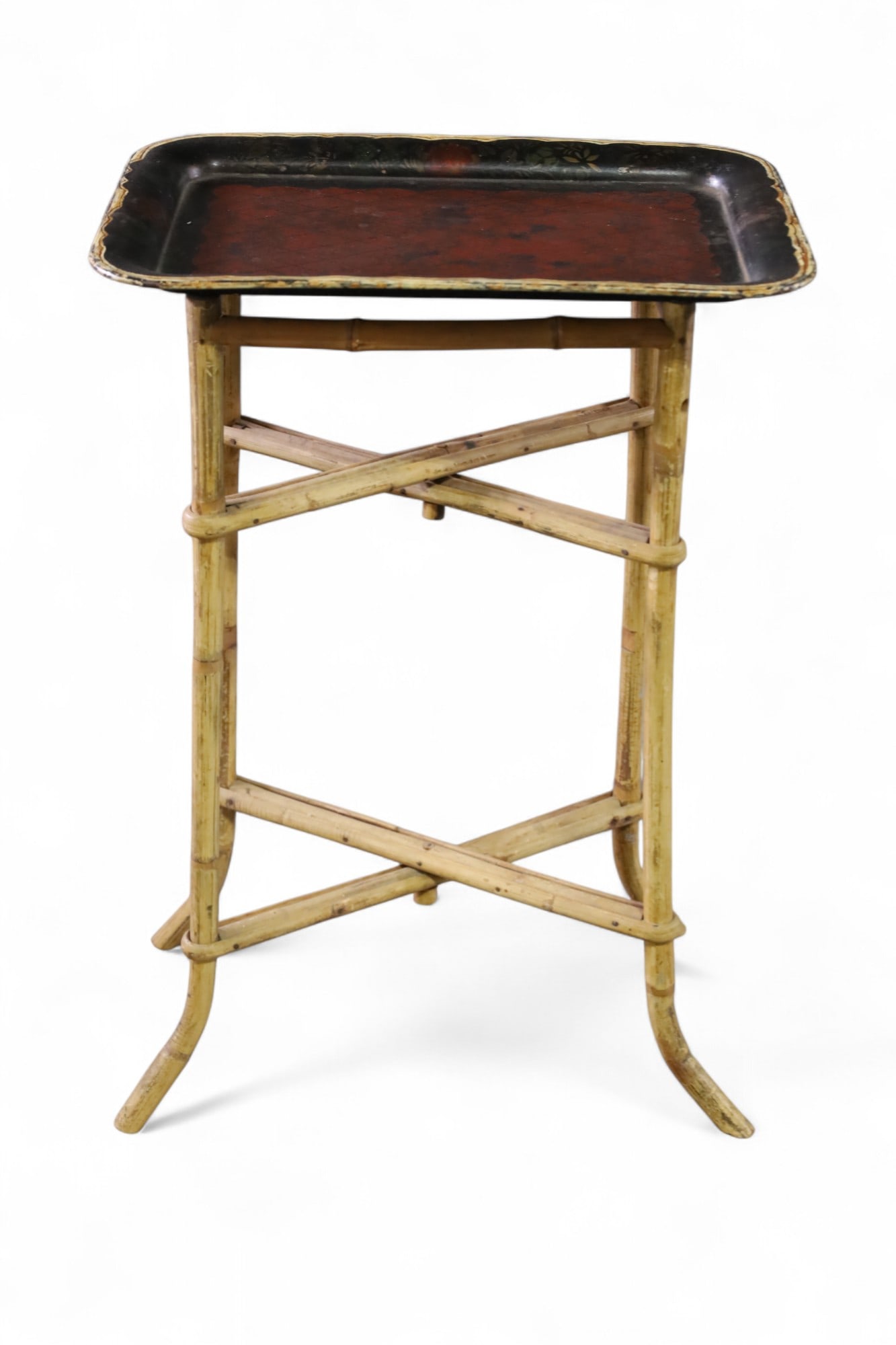 RATTAN & METAL TOLE SERVING TABLE: RATTAN STAND WITH TOLE PAINTED TRAY TOP. 17" W x 13" D x 26" H. THIS ITEM EXCEEDS SIZE LIMITATIONS FOR IN HOUSE SHIPPING, MUST BE PICKED UP IN HOUSE OR SHIPPED VIA 3rd PARTY GROUND SHIPPER.