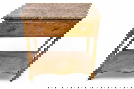 PRIMITIVE SIDE TABLE WITH MARBLE TOP: SINGLE DRAWER PRIMITIVE PINE SIDE TABLE, CONDITION IS CONSISTENT WITH AGE. DAMGE TO CORNER. 26" W x 18" D x 26" H. THIS ITEM EXCEEDS SIZE LIMITATIONS FOR IN HOUSE SHIPPING, MUST BE PICKED UP IN HOUSE