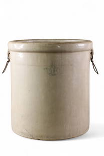 10 GALLON CROCK: 10 GALLON CROCK, MARKED PACIFIC. WITH HANDLES. CRACK AT BASE. 16" W x 17" H. THIS ITEM EXCEEDS SIZE LIMITATIONS FOR IN HOUSE SHIPPING, MUST BE PICKED UP IN HOUSE OR SHIPPED VIA 3rd PARTY GROUND SHIPPE