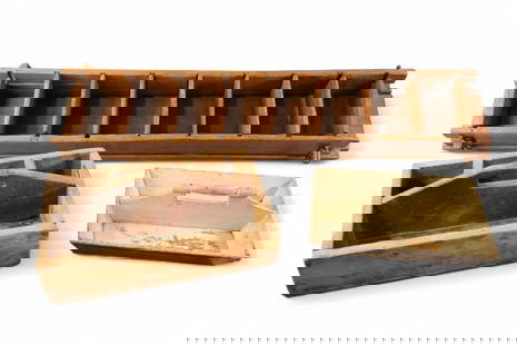 PRIMITIVE TABLE ITEMS: TWO FLATWARE TRAYS & DIVIDER. 13" - 40" L. THIS ITEM EXCEEDS SIZE LIMITATIONS FOR IN HOUSE SHIPPING, MUST BE PICKED UP IN HOUSE OR SHIPPED VIA 3rd PARTY GROUND SHIPPER.