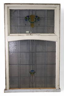 ARTS & CRAFTS LEADED GLASS WINDOW: LARGE ARTS & CRAFTS LEADED GLASS WINDOW, WITH TOP OPENING WINDOW. SOME CRACKS AND SEPERATION AT LOWER PANEL. 49" W x 79 1/2" IN FRAME. THIS ITEM EXCEEDS SIZE LIMITATIONS FOR IN HOUSE SHIPPING, MUST BE