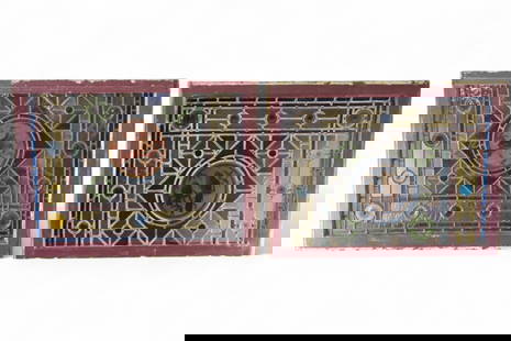 2 19TH CENTURY STAINED GLASS WINDOWS: IN WOODEN FRAMED, PAINTED MEDALLION CENTER, MINOR CRACKS TO PANELS. 35" x 27" THIS ITEM EXCEEDS SIZE LIMITATIONS FOR IN HOUSE SHIPPING, MUST BE PICKED UP IN HOUSE OR SHIPPED VIA 3rd PARTY GROUND SHIPP