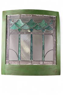 LEADED GLASS WINDOW: CURVED LEADED GLASS WINDOW IN WOODEN FRAME. 24" x 26 1/2" IN FRAME. THIS ITEM EXCEEDS SIZE LIMITATIONS FOR IN HOUSE SHIPPING, MUST BE PICKED UP IN HOUSE OR SHIPPED VIA 3rd PARTY GROUND SHIPPER.