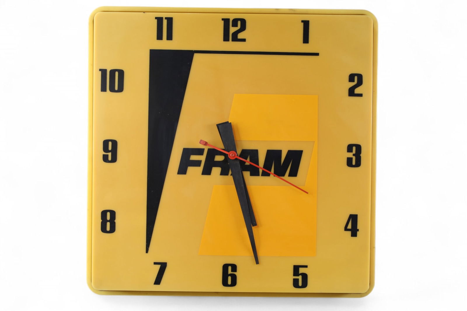 FRAM CLOCK: PLASTIC LIGHT UP FRAM FILTERS CLOCK. NEEDS NEW BULB. 16" x 16"