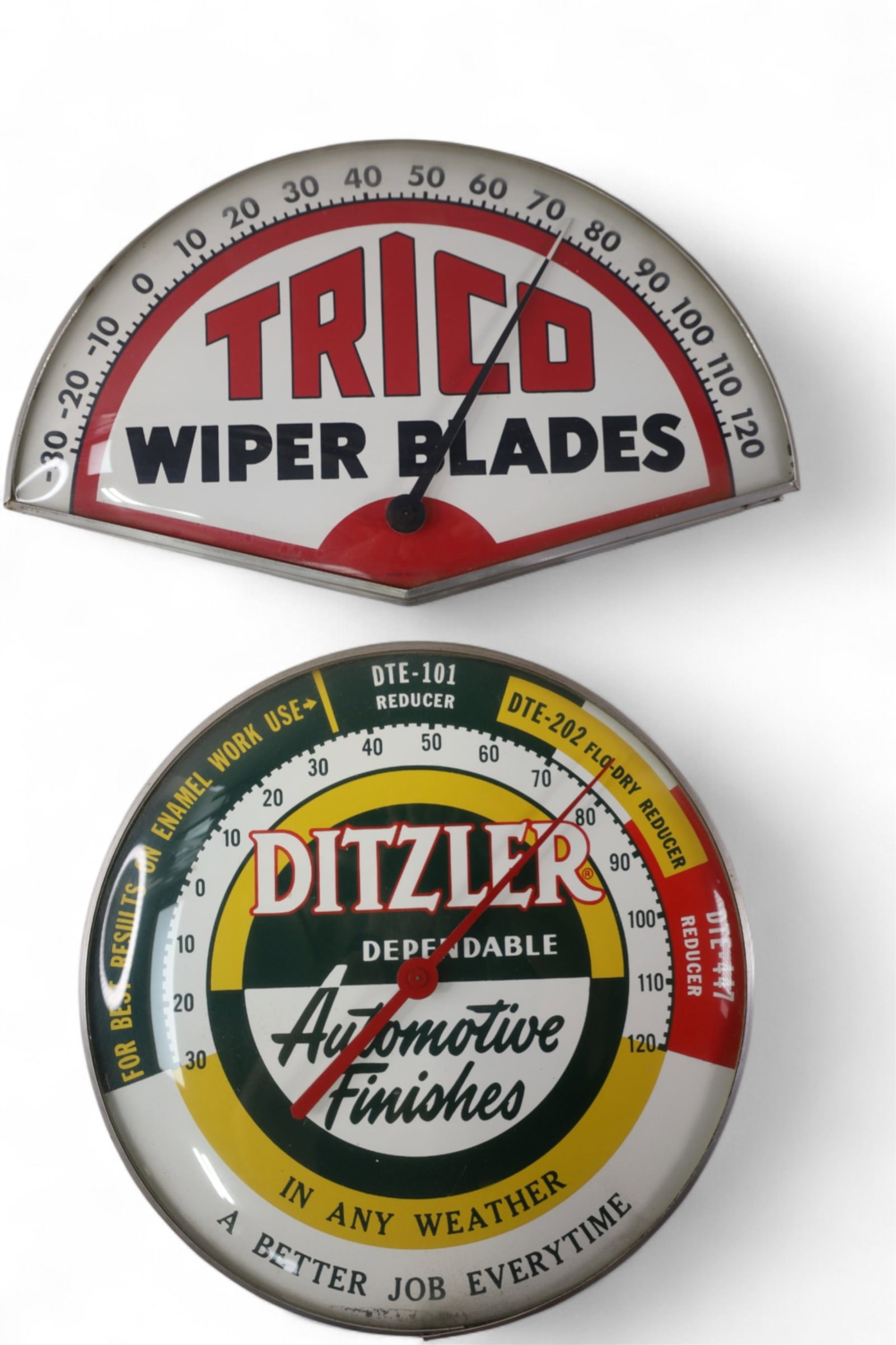 2 ADVERTISING THERMOMETERS: DITZLER AUTOMOTIVE FINISHES & TRICO WIPER BLADES THERMOMETER. 12" DIAM & 15" W.