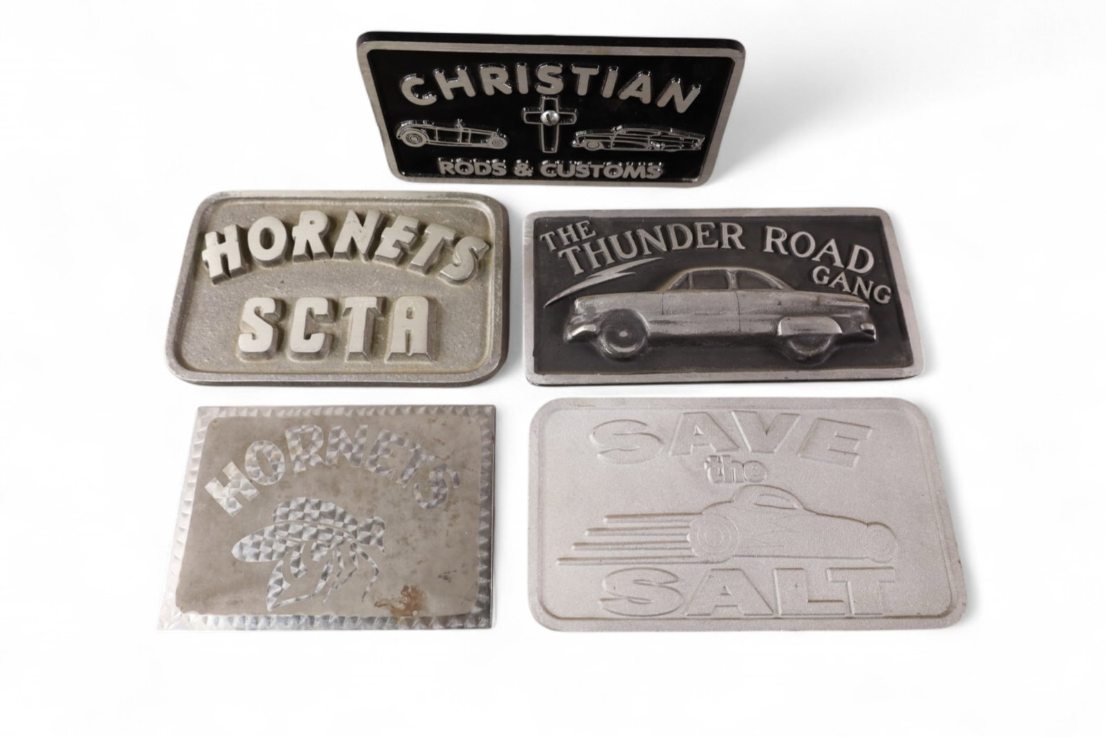 5 CAR CLUB PLAQUES: CHRISTIAN, THUNDER ROAD, HORNETS, AND MORE.