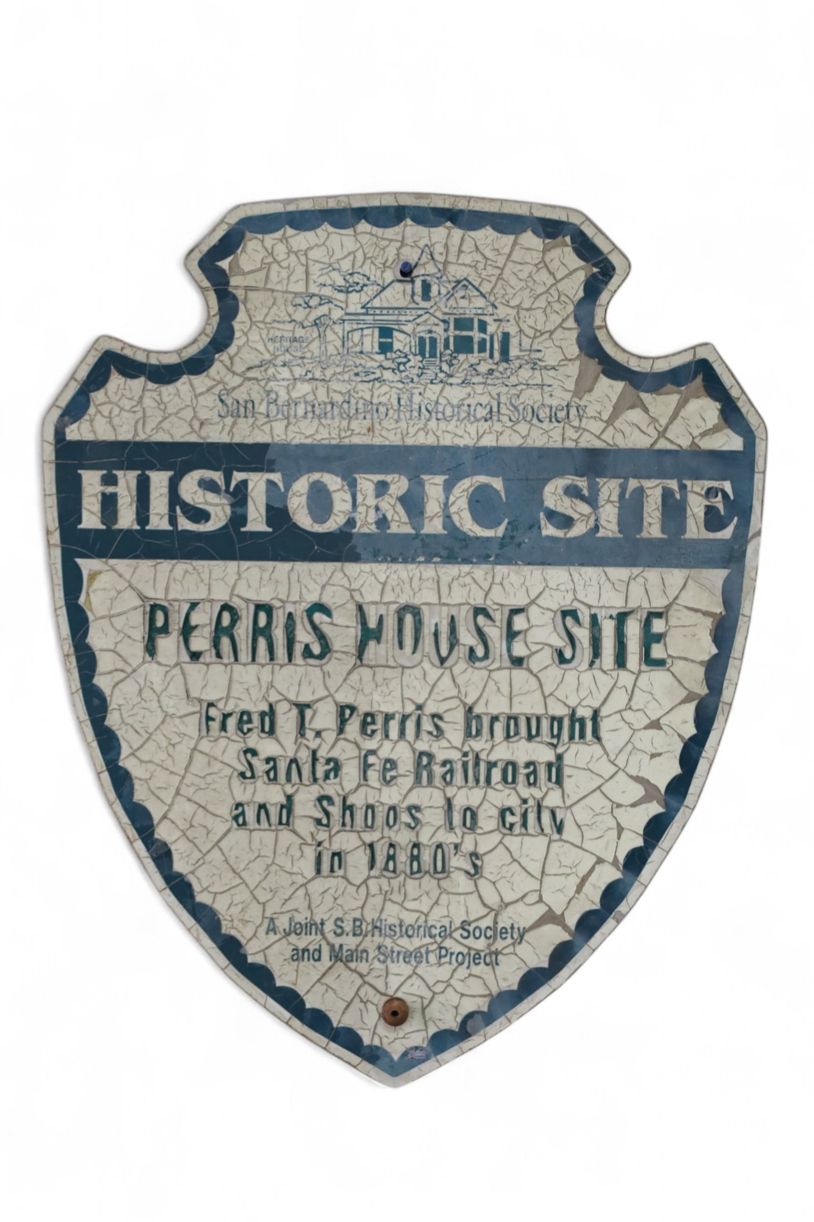 SAN BERNARDINO HISTORICAL SITE SIGN: FRED T PERRIS HISTORICAL SITE SIGN, HEAVY PAINT LOSS. 23 1/2" x 29"