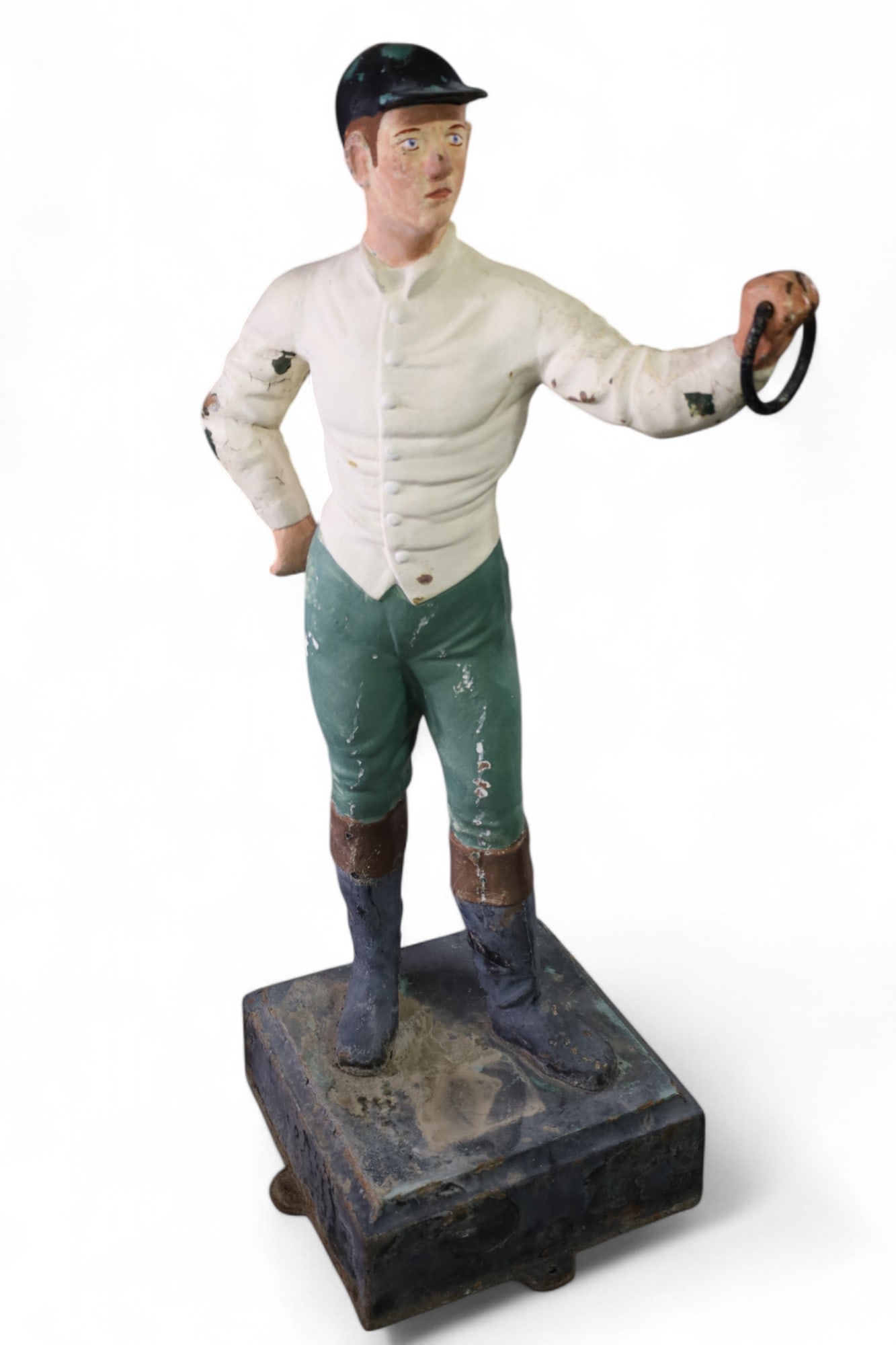 CAST IRON LAWN JOCKEY: OLD REPAINT, CAST IRON LAWN JOCKEY. PAINT LOSS. 48" H. THIS ITEM EXCEEDS SIZE LIMITATIONS FOR IN HOUSE SHIPPING, MUST BE PICKED UP IN HOUSE OR SHIPPED VIA 3rd PARTY GROUND SHIPPER.