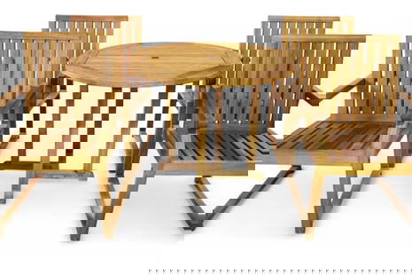 TEAK PATIO TABLE & 4: VINTAGE TEAK PATIO TABLE AND 4 ARMCHAIRS, MARKED KINGSLEY-BATE. ARMS ARE LOOSE ON ONE CHAIR. 36" DIAM x 29" H TABLE & 22" W x 22" D x 34" H CHAIRS. THIS ITEM EXCEEDS SIZE LIMITATIONS FOR IN HOUSE SHIP