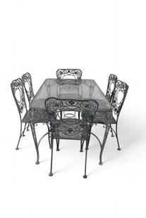 PATIO TABLE & CHAIRS: IRON PATIO TABLE WITH GLASS TOP & 6 CHAIRS, FLORAL DECORATED. 60" L x 34" W x 29" H TABLE & 17" W x 17" D x 35" H. CHAIRS. THIS ITEM EXCEEDS SIZE LIMITATIONS FOR IN HOUSE SHIPPING, MUST BE PICKED UP I