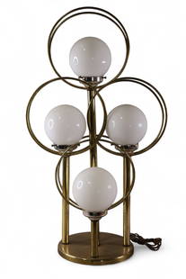 LARGE MCM TABLE LAMP: FOUR GLOBE BRASS MID CENTURY MODERN TABLE LAMP, 39" H. RUST. THIS ITEM EXCEEDS SIZE LIMITATIONS FOR IN HOUSE SHIPPING, MUST BE PICKED UP IN HOUSE OR SHIPPED VIA 3rd PARTY GROUND SHIPPER.