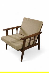 MID CENTURY MODERN LOUNGE CHAIR: YUGOSLAVIAN MID CENTURY MODERN LOUNG CHAIR, MINOR WEAR TO FINISH OF FRAME. 26" W x 25" D x 28" H. THIS ITEM EXCEEDS SIZE LIMITATIONS FOR IN HOUSE SHIPPING, MUST BE PICKED UP IN HOUSE OR SHIPPED VIA 3r