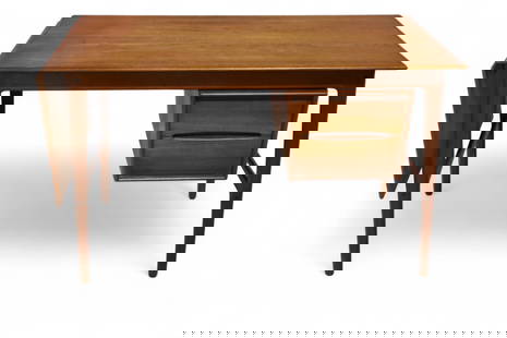 ELSTEDS AGERBACK DANISH DESK: MID CENTURY MODERN DROP SIDE DESK WITH FLOATING SLIDING DRAWERS. BY ELSTEDS MOBELFABRIK AGERBACK DENMARK, WEAR TO FINISH , SOME DINGS ALONG EDGES. 46" W x 27" D x 28" H & 16" DROP SIDE. THIS ITEM EXCE