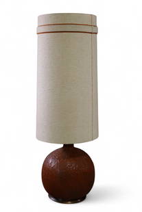LARGE POTTERY LAMP: LARGE MID CENTURY MODERN POTTERY TABLE LAMP, WITH MONUMENTAL FABRIC SHADE. 53 1/2" H. THIS ITEM EXCEEDS SIZE LIMITATIONS FOR IN HOUSE SHIPPING, MUST BE PICKED UP IN HOUSE OR SHIPPED VIA 3rd PARTY GROU