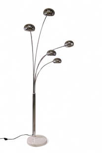 ITALIAN CHROME ARC LAMP: LARGE MID CENTURY MODERN ARC LAMP, ATTRIBUTED TO PAUL MAYEN, WHITE MARBLE BASE, 14" DIAM BASE & 81" H. THIS ITEM EXCEEDS SIZE LIMITATIONS FOR IN HOUSE SHIPPING, MUST BE PICKED UP IN HOUSE OR SHIPPED V