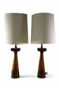 PAIR OF MCM TABLE LAMPS: PAIR OF WOOD AND METAL TABLE LAMPS, WITH SHADES. 40" H.