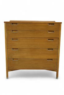 MID CENTURY MODERN HIGHBOY: KROEHLER MID CENTURY MODERN HIGHBOY, 5 DRAWER HIGHBOY, WEAR TO FINISH, SURFACE SCRATCHES. 38" W x 18" D x 42" H. THIS ITEM EXCEEDS SIZE LIMITATIONS FOR IN HOUSE SHIPPING, MUST BE PICKED UP IN HOUSE OR