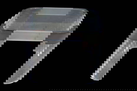 LUCITE & CHROME SIDE TABLE: VINTAGE WATERFALL STYLE LUCITE AND CHROME SIDE TABLE, GLASS TOP. SOME TARNISHING TO METAL. 26" x 26" x 19" H. THIS ITEM EXCEEDS SIZE LIMITATIONS FOR IN HOUSE SHIPPING, MUST BE PICKED UP IN HOUSE OR SH