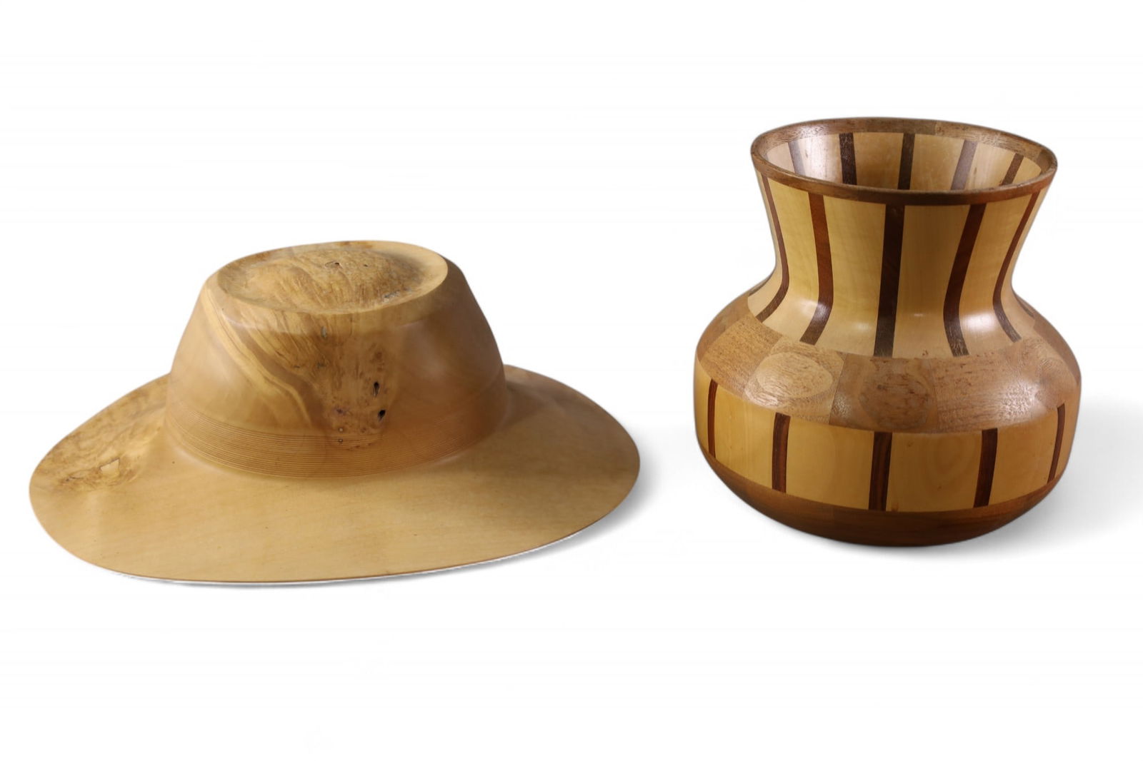 2 WOODEN ITEMS: JOHANNES MICHELSEN WOODEN HAT & BLOODWOOD CARVED WOOD VASE, 9" H & 14" W