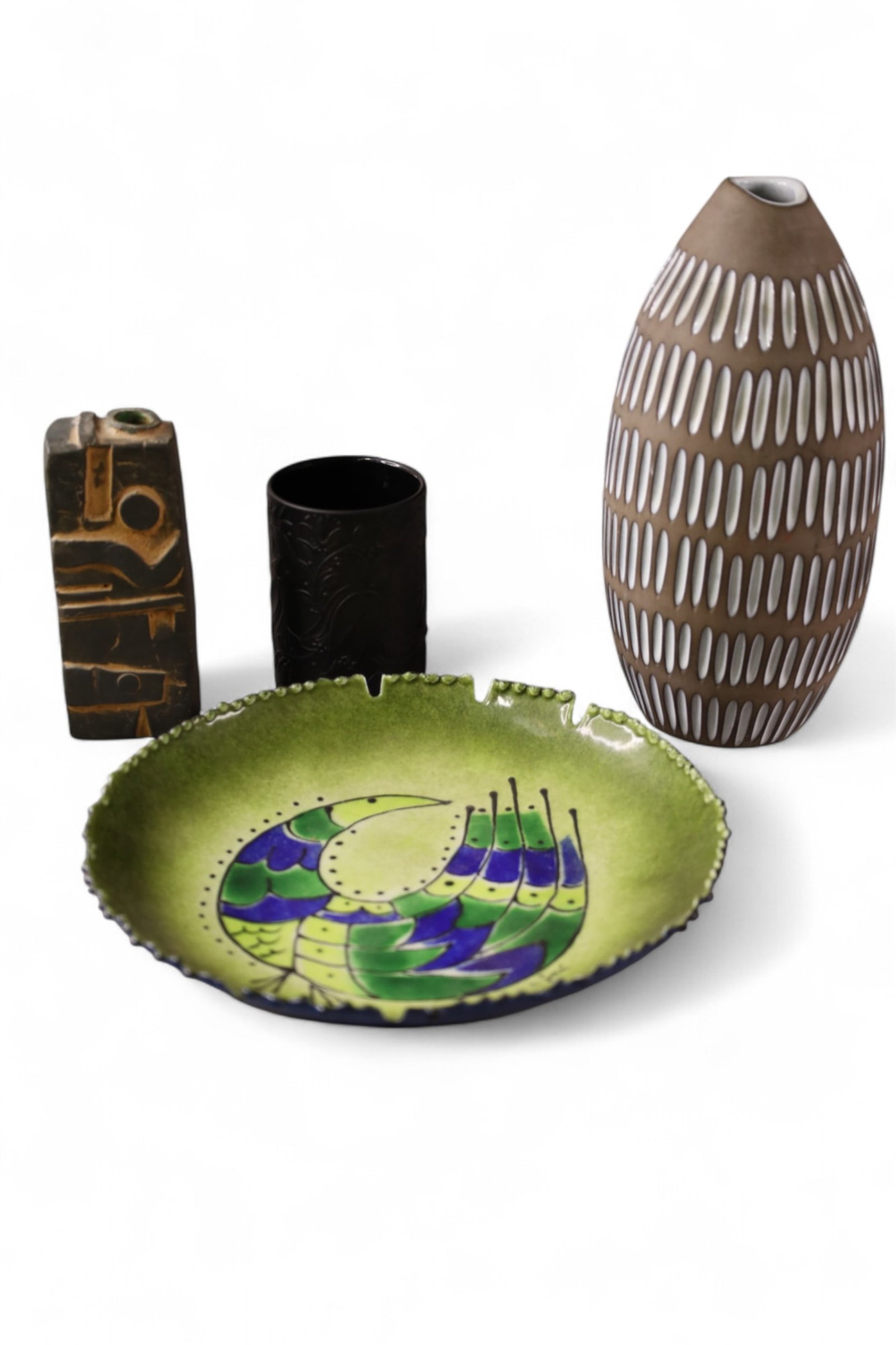 3 STUDIO VASES & JERE TRAY: ENAMELED JERE TRAY, INGRID ATTERBERG FOR UPSALA-EKEBY "NEGRO" VASE, ROSENTHAL WINDBLAD VASE, & VASE. 2" - 10" H.