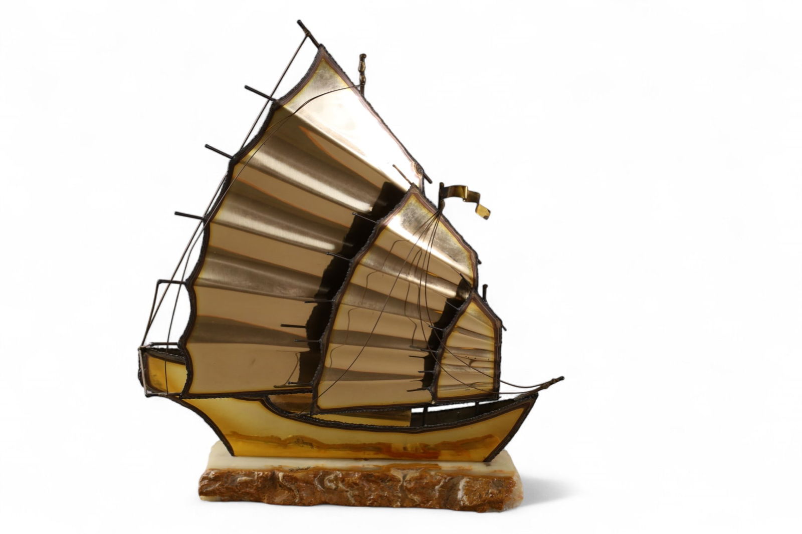 MCM SAILSHIP SCULPTURE: BRASS AND STONE SAIL SHIP SCULPTURE, SIGNED DEMOTT. 16"W x 18" H.