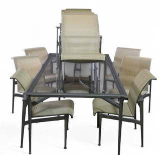 BROWN & JORDAN FLIGHT PATIO SET: LARGE VINTAGE BROWN & JORDAN FLIGHT PATIO SET, CAST ALUMINUM GLASS TOP PATIO TABLE & 10 PATIO CHAIRS. 100" L x 45" W x 39" H TABLE & 21" W x 23" D x 34" H. THIS ITEM EXCEEDS SIZE LIMITATIONS FOR IN HO