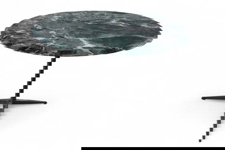KNOLL STYLE TABLE: GREEN MARBLE TOP DINING TABLE WITH TRI LEG BASE, UNMARKED, IN THE STYLE OF FLORENCE KNOLL. SOME CRACKS IN MARBLE. 38" DIAM x 32" H. THIS ITEM EXCEEDS SIZE LIMITATIONS FOR IN HOUSE SHIPPING, MUST BE PI