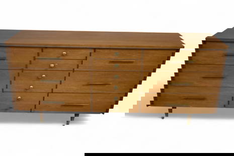 KENT COFFEY DRESSER: MID CENTURY MODERN KENT COFFEY DRESSER, SOME REPLACED PULLS, MINOR WEAR TO FINISH. 72" W x 19" D x 31" H. THIS ITEM EXCEEDS SIZE LIMITATIONS FOR IN HOUSE SHIPPING, MUST BE PICKED UP IN HOUSE OR SHIPPE