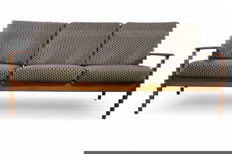 GRETE JALK TEAK SOFA: MID CENTURY MODERN 3 SEAT SOFA BY GRETE JALK FOR FRANCE AND SONS. SLAT BACK LOW SOFA, MARKED ON STRETCHER. MINOR WEAR TO FINISH. 75" W x 28" D x 28" H. THIS ITEM EXCEEDS SIZE LIMITATIONS FOR IN HOUSE