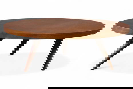 LAZY SUSAN COFFEE TABLE: MID CENTURY MODERN LOW COFFEE TABLE, LAZY SUSAN TOP. UNMARKED. MINOR WEAR TO FINISH. 43 1/2" DIAM x 15" H. THIS ITEM EXCEEDS SIZE LIMITATIONS FOR IN HOUSE SHIPPING, MUST BE PICKED UP IN HOUSE OR SHIPP