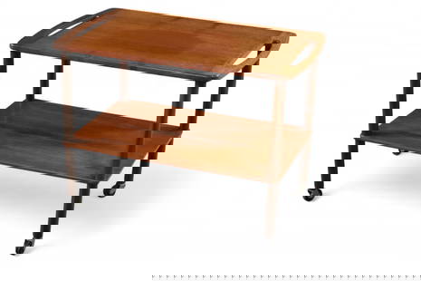 MID CENTURY MODERN BAR CART: MID CENTURY MODERN TEAK BAR CART, WITH LOWER TIER, ON CASTERS, STAINS TO FINISH. 29" L x 18" W x 21" H. THIS ITEM EXCEEDS SIZE LIMITATIONS FOR IN HOUSE SHIPPING, MUST BE PICKED UP IN HOUSE OR SHIPPED