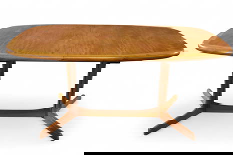 TEAK DINING TABLE: TEAK DINING TABLE WITH 2 HIDDEN LEAVES. DRAW TOP. MINOR WEAR TO FINISH. 65" L x 42" W x 28" H. THIS ITEM EXCEEDS SIZE LIMITATIONS FOR IN HOUSE SHIPPING, MUST BE PICKED UP IN HOUSE OR SHIPPED VIA 3rd P