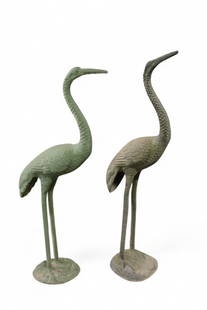 PAIR OF YARD CRANES: PAIR OF ALUMINUM YARD CRANES, PAINTED FINISH, SOME PAINT LOSS. 37" H. THIS ITEM EXCEEDS SIZE LIMITATIONS FOR IN HOUSE SHIPPING, MUST BE PICKED UP IN HOUSE OR SHIPPED VIA 3rd PARTY GROUND SHIPPER.