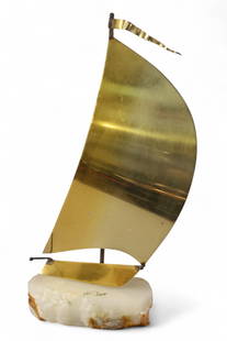 MCM SCULPTURE: SMALL BRASS SAILSHIP SCULPTURE, SIGNED DEMOTT. 11" H.