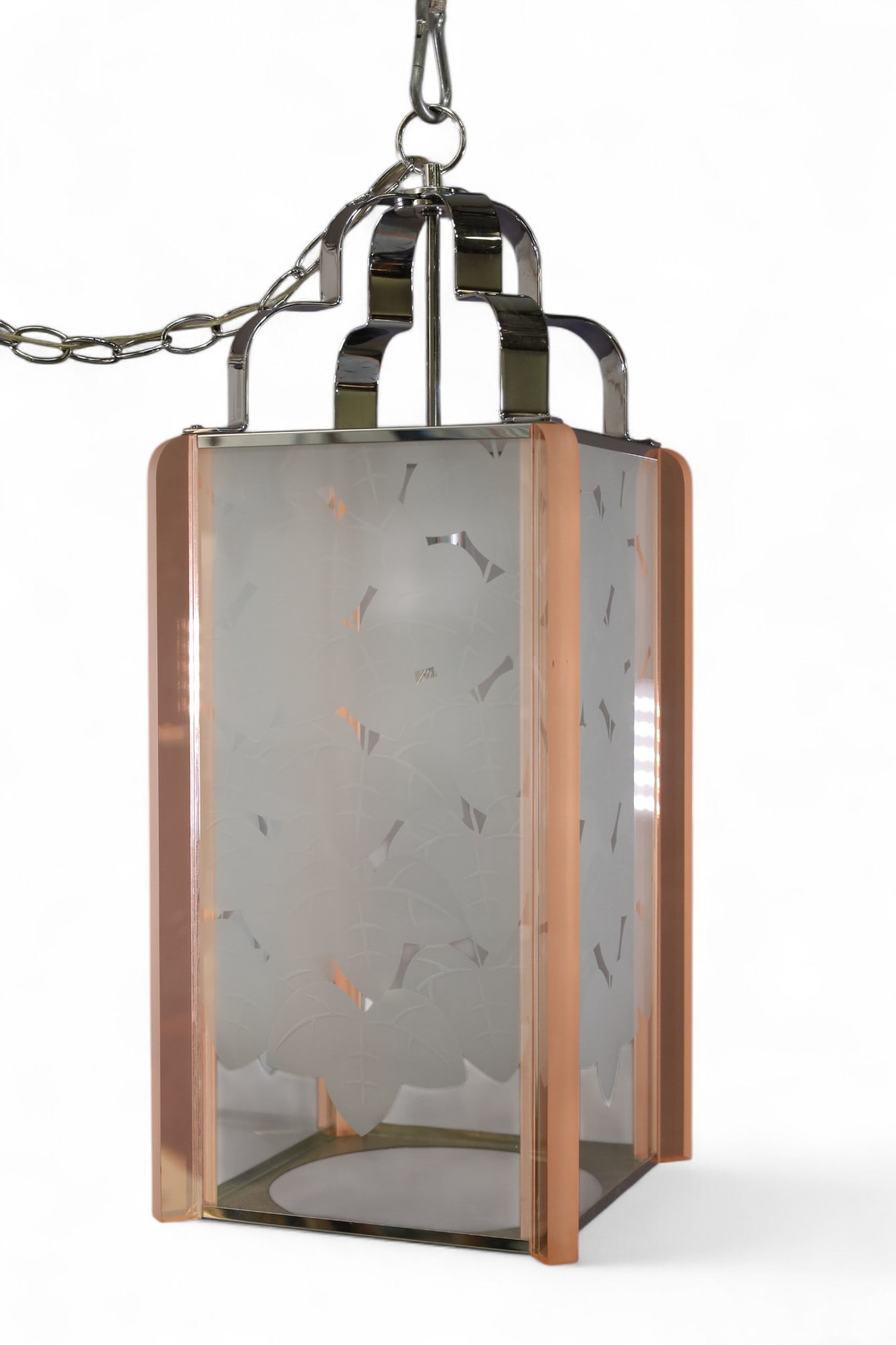 ETCHED GLASS HANGING LIGHT: VINTAGE FROSTED AND ETCHED GLASS HANGING LIGHT, SIGNED FREDRIC RAYMOND INC. 28" H x 10" W. THIS ITEM EXCEEDS SIZE LIMITATIONS FOR IN HOUSE SHIPPING, MUST BE PICKED UP IN HOUSE OR SHIPPED VIA 3rd PARTY