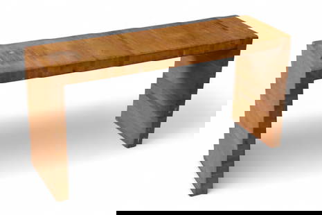 LOU HODGES STYLE TABLE: SMALL MID CENTURY MODERN LOU HODGES STYLE TABLE, WEAR TO FINISH. 36" L x 11 1/2" D x 18" H. THIS ITEM EXCEEDS SIZE LIMITATIONS FOR IN HOUSE SHIPPING, MUST BE PICKED UP IN HOUSE OR SHIPPED VIA 3rd PART
