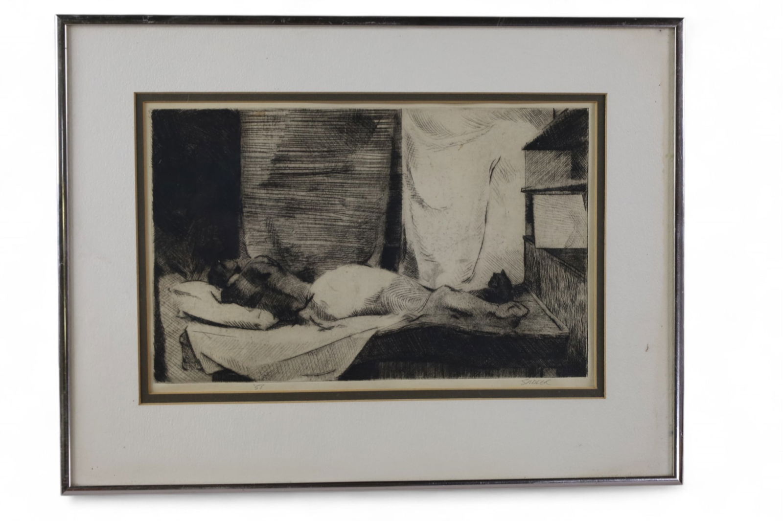 FRAMED ETCHING: DATED 1958, SIGNED SADLER, 17" x 13" IN FRAME.