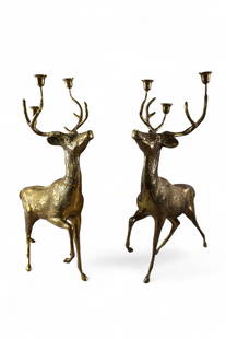 PAIR OF BRASS DEER: PAIR OF LARGE BRASS DEER CANDELABRAS, 16" L x 24" H. THIS ITEM EXCEEDS SIZE LIMITATIONS FOR IN HOUSE SHIPPING, MUST BE PICKED UP IN HOUSE OR SHIPPED VIA 3rd PARTY GROUND SHIPPER.