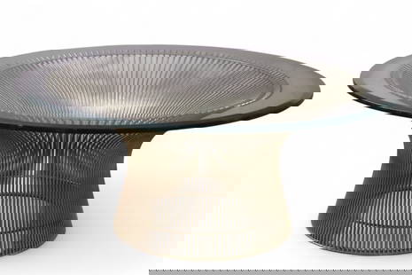 WARREN PLATNER COFFEE TABLE: MID CENTURY MODERN BRASS BASE GLASS TOP UNMARKED WARREN PLATNER FOR KNOLL COFFEE TABLE, SOME PITTING TO BASE, CHIP TO GLASS. 36" DIAM x 15" H. THIS ITEM EXCEEDS SIZE LIMITATIONS FOR IN HOUSE SHIPPING,