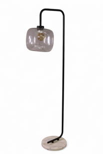 MID CENTURY MODERN STYLE FLOOR LAMP: MARBLE BASE, LARGE GLASS SHADE FLOOR LAMP. 60" H. THIS ITEM EXCEEDS SIZE LIMITATIONS FOR IN HOUSE SHIPPING, MUST BE PICKED UP IN HOUSE OR SHIPPED VIA 3rd PARTY GROUND SHIPPER.